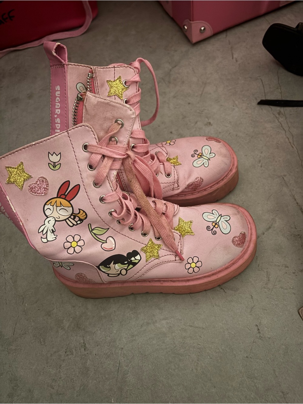 Dolls Kill Pink Powerpuff Graphic Combat Boots with Glitter Stars